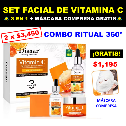 Combo Ritual Facial 360° |  Set de Cuidado Facial 3 en 1 Con Vitamina C + GRATIS Toalla Facial Compresa – Fría y Caliente