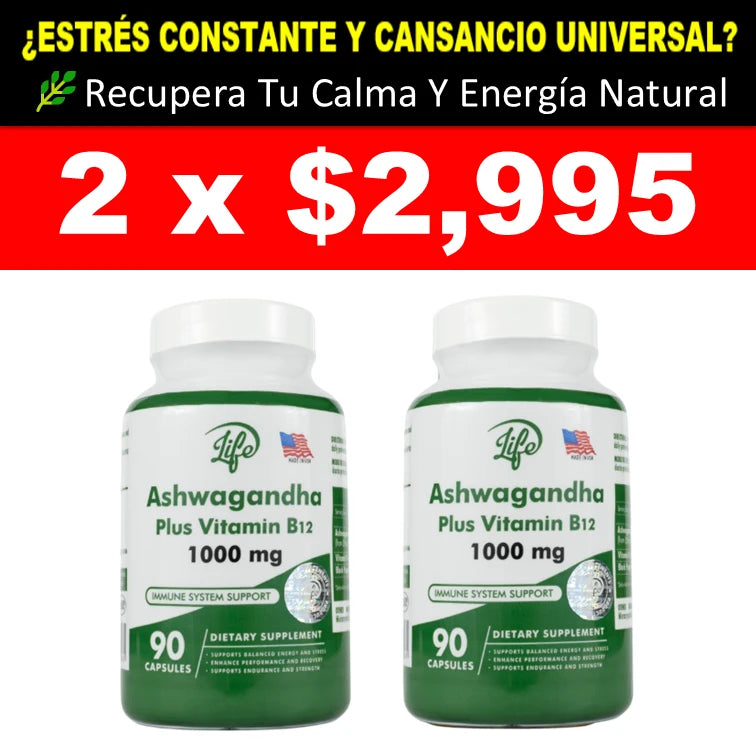 🌿 Ashwagandha Plus 1,000 Mg Con Vitamina B12 90 Cápsulas